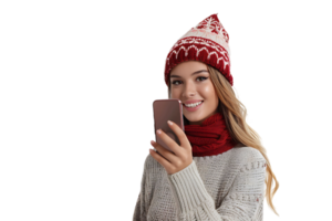 Woman in santa hat and sweater makes selfie on isolated transparent background png