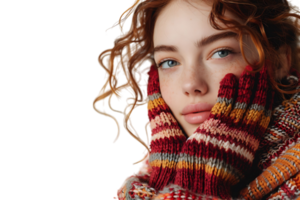 charming young lady wear knitted pullover headwear smiling arm chin on isolated transparent background png