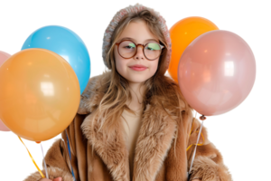 portrait of teen girl wearing fur coat, ear warmers and glasses, holding birthday balloons for party on isolated transparent background png