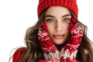 charming young lady wear knitted pullover headwear smiling arm chin on isolated transparent background png