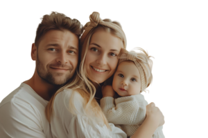 Photo of adorable family portrait people cuddle small daughter take selfie on isolated transparent background png
