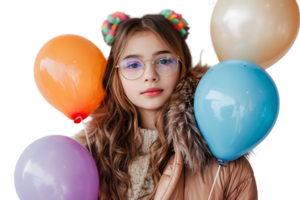 portret van tiener meisje vervelend vacht jas, oor warmers en bril, Holding verjaardag ballonnen voor partij Aan geïsoleerd transparant achtergrond png