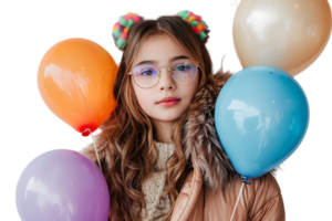 portrait of teen girl wearing fur coat, ear warmers and glasses, holding birthday balloons for party on isolated transparent background png