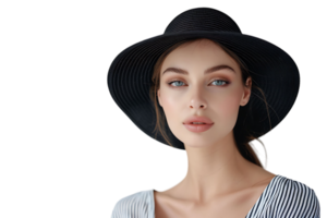 Portrait of beautiful woman model wearing black round summer hat on isolated transparent background png