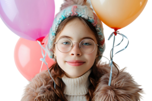 portrait of teen girl wearing fur coat, ear warmers and glasses, holding birthday balloons for party on isolated transparent background png