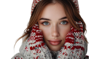 charmant jung Dame tragen gestrickt zur Seite fahren Kopfbedeckungen lächelnd Arm Kinn auf isoliert transparent Hintergrund png
