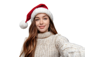 Woman in santa hat and sweater makes selfie on isolated transparent background png