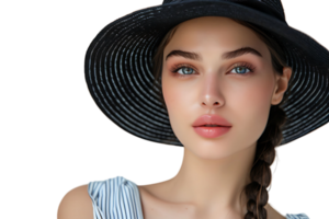 Portrait of beautiful woman model wearing black round summer hat on isolated transparent background png