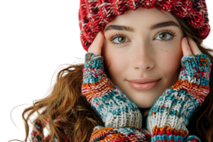 affascinante giovane signora indossare a maglia Maglione copricapo sorridente braccio mento su isolato trasparente sfondo png