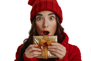 Portrait of surprised woman in red hat holding shiny christmas present on isolated transparent background png