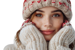 affascinante giovane signora indossare a maglia Maglione copricapo sorridente braccio mento su isolato trasparente sfondo png