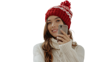 Woman in santa hat and sweater makes selfie on isolated transparent background png