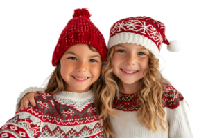 foto de dos positivo niños parientes abrazo tomar selfie radiante sonrisa vestir Navidad sombrero saltador en aislado transparente antecedentes png