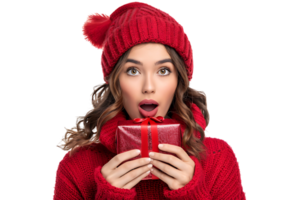 Portrait of surprised woman in red hat holding shiny christmas present on isolated transparent background png