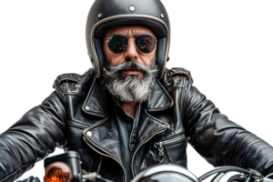 Portrait of biker looking away wearing leather jacket helmet and sunglasses on isolated transparent background png