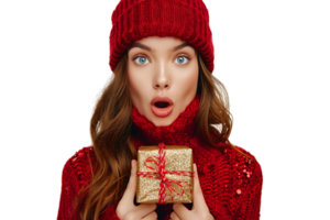 Portrait of surprised woman in red hat holding shiny christmas present on isolated transparent background png