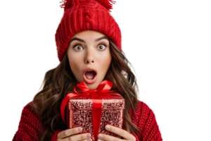 Portrait of surprised woman in red hat holding shiny christmas present on isolated transparent background png