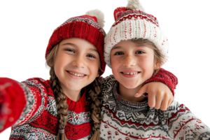 Photo of two positive kids relatives hug take selfie beaming smile wear xmas hat jumper on isolated transparent background png