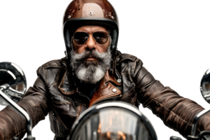 retrato do motociclista olhando longe vestindo couro Jaqueta capacete e oculos de sol em isolado transparente fundo png