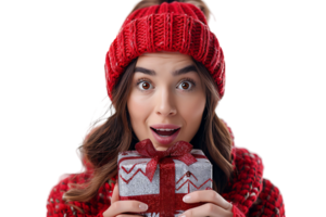 Portrait of surprised woman in red hat holding shiny christmas present on isolated transparent background png