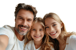 Photo of adorable family portrait people cuddle small daughter take selfie on isolated transparent background png