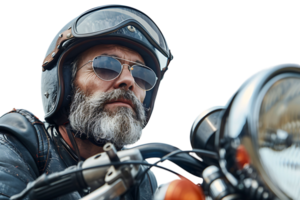 Portrait of biker looking away wearing leather jacket helmet and sunglasses on isolated transparent background png