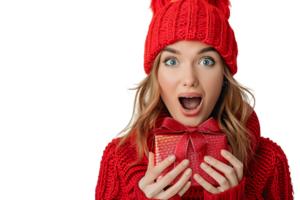 Portrait of surprised woman in red hat holding shiny christmas present on isolated transparent background png