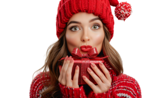 retrato do surpreso mulher dentro vermelho chapéu segurando brilhante Natal presente em isolado transparente fundo png