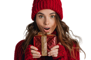 Portrait of surprised woman in red hat holding shiny christmas present on isolated transparent background png