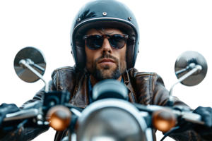 Portrait of biker looking away wearing leather jacket helmet and sunglasses on isolated transparent background png