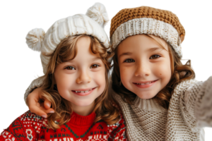 Foto von zwei positiv Kinder Verwandtschaft Umarmung nehmen Selfie strahlend Lächeln tragen Weihnachten Hut Jumper auf isoliert transparent Hintergrund png