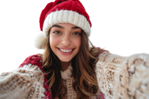 Woman in santa hat and sweater makes selfie on isolated transparent background png