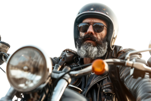 Portrait of biker looking away wearing leather jacket helmet and sunglasses on isolated transparent background png