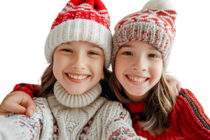 Photo of two positive kids relatives hug take selfie beaming smile wear xmas hat jumper on isolated transparent background png