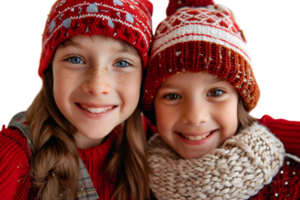 Photo of two positive kids relatives hug take selfie beaming smile wear xmas hat jumper on isolated transparent background png