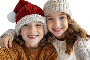 Photo of two positive kids relatives hug take selfie beaming smile wear xmas hat jumper on isolated transparent background png