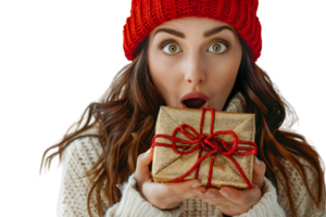 Portrait of surprised woman in red hat holding shiny christmas present on isolated transparent background png