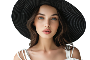 retrato de hermosa mujer modelo vistiendo negro redondo verano sombrero en aislado transparente antecedentes png