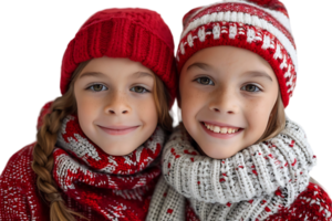 Foto av två positiv barn släktingar kram ta selfie strålande leende ha på sig xmas hatt hoppare på isolerat transparent bakgrund png