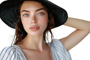 portrait de magnifique femme modèle portant noir rond été chapeau sur isolé transparent Contexte png