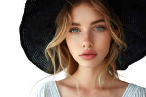 retrato do lindo mulher modelo vestindo Preto volta verão chapéu em isolado transparente fundo png