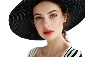 Portrait of beautiful woman model wearing black round summer hat on isolated transparent background png