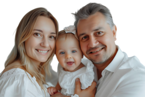 Photo of adorable family portrait people cuddle small daughter take selfie on isolated transparent background png