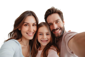 foto de adorable familia retrato personas abrazo pequeño hija tomar selfie en aislado transparente antecedentes png