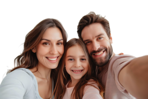 Photo of adorable family portrait people cuddle small daughter take selfie on isolated transparent background png