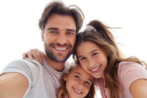 Photo of adorable family portrait people cuddle small daughter take selfie on isolated transparent background png