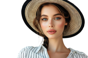 porträtt av skön kvinna modell bär svart runda sommar hatt på isolerat transparent bakgrund png