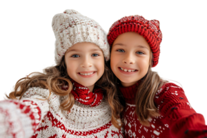 photo de deux positif des gamins les proches étreinte prendre selfie radieux sourire porter Noël chapeau sauteur sur isolé transparent Contexte png