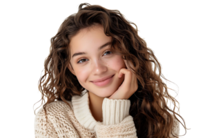 Cheerful Girl Touching Face Smiling To Camera, on isolated transparent background png