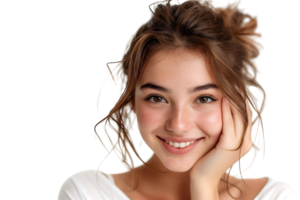 Cheerful Girl Touching Face Smiling To Camera, on isolated transparent background png